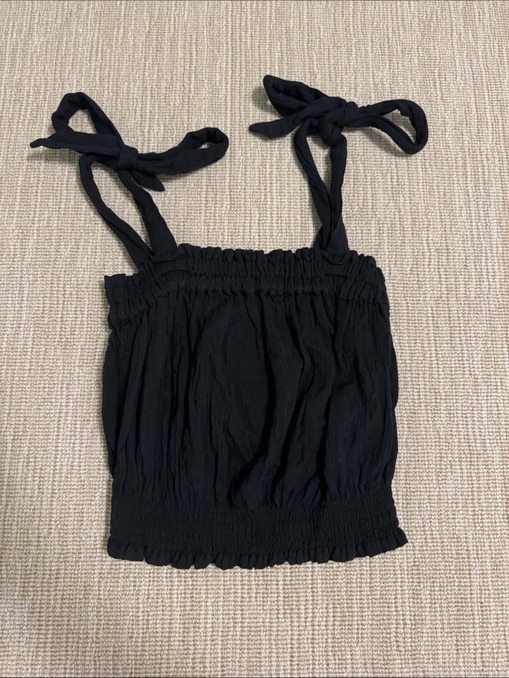 Rip Curl Black Tie-Shoulder Smocked Crop Tank